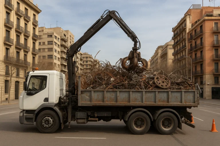 Camión recogiendo chatarra en Barcelona para reciclaje seguro