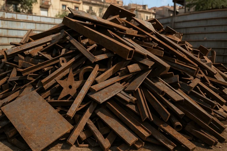 Restos de metales ferrosos usados acumulados para reciclaje en una chatarrería