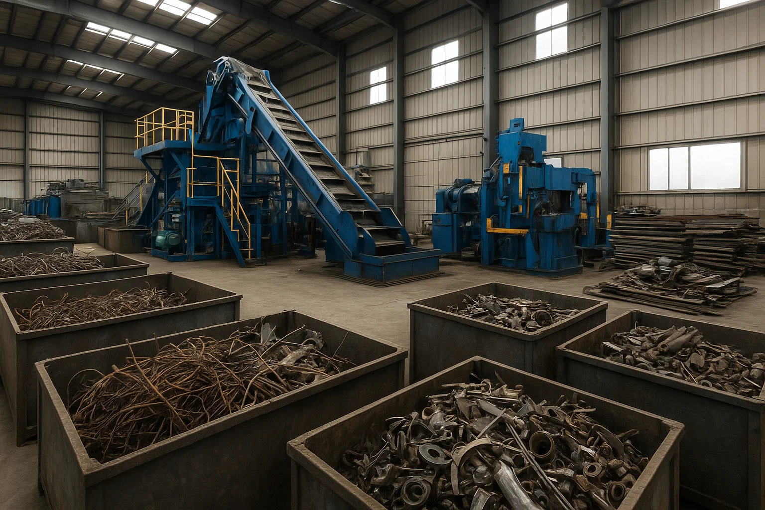 Nave industrial limpia con restos metálicos preparados para retirada