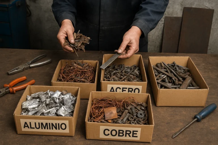 Como preparar la chatarra: persona separando metales para reciclaje en taller