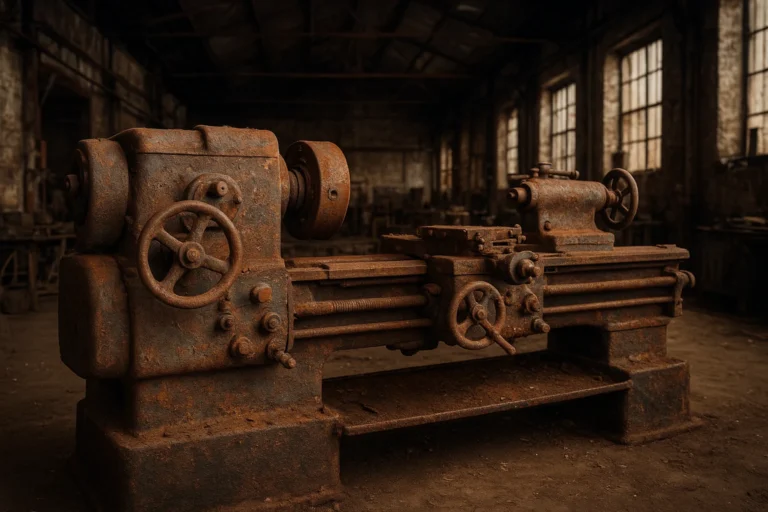 torno antiguo oxidado en almacén