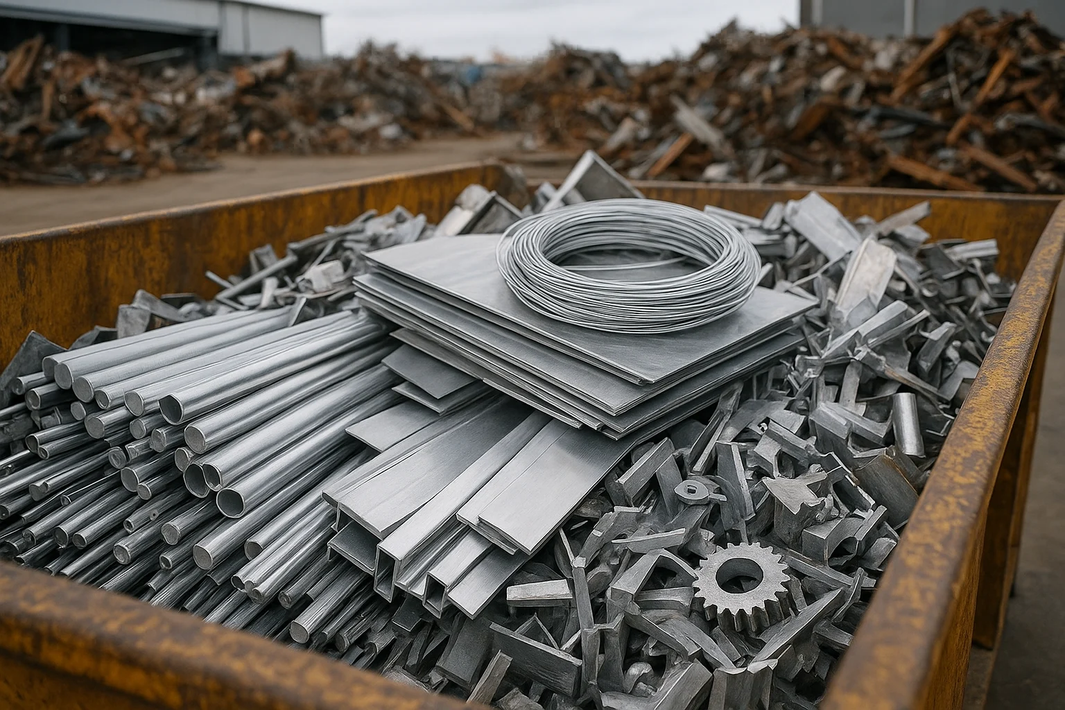Montón de metales limpios clasificados para reciclaje en chatarrería moderna