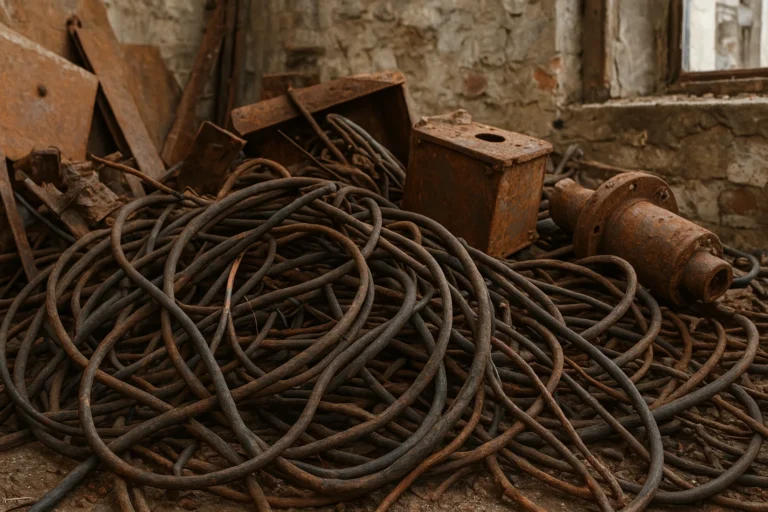 Metales oxidados en edificio antiguo para reciclaje