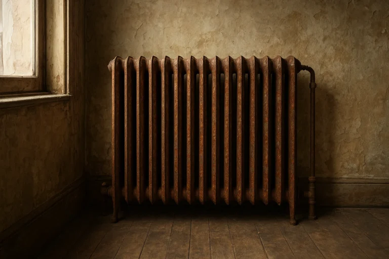 Radiador metálico antiguo oxidado en interior de vivienda