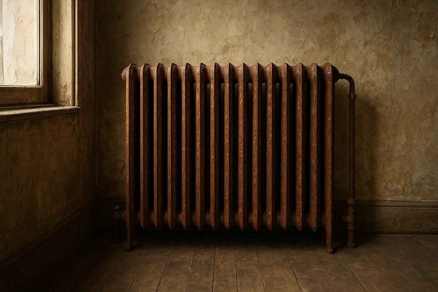 Radiador metálico antiguo oxidado en interior de vivienda