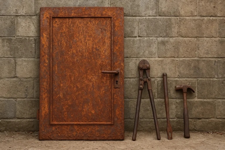 Puerta metálica vieja oxidada lista para reciclar